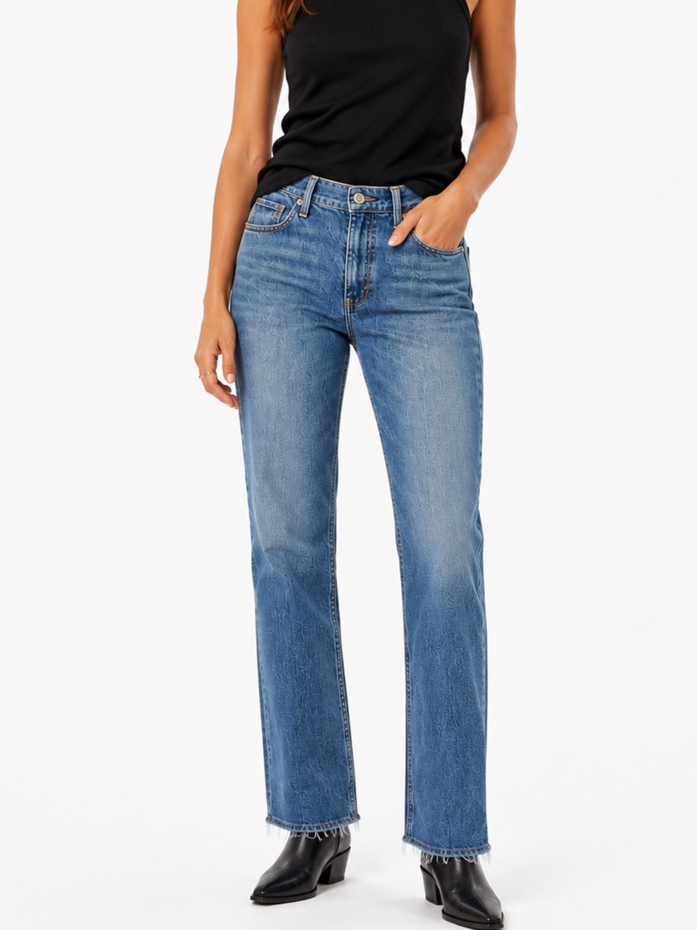 Rag & Bone Harlow Mid-Rise Ankle Straight Jeans  26 Nova Raw Hem Blue Denim